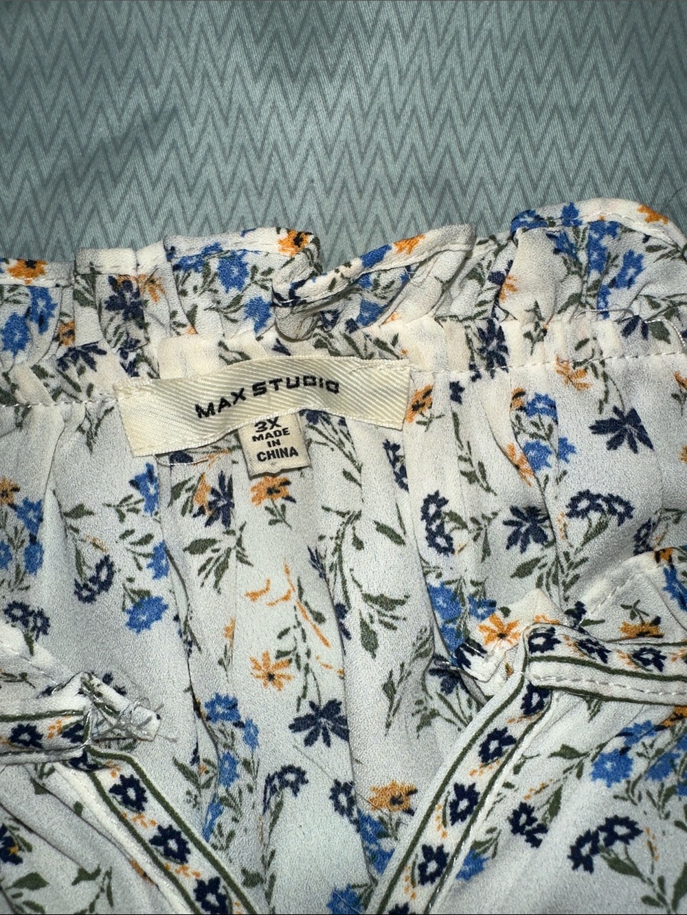Max Studio White Floral Peasant Blouse with Blue Print - Picture 2 of 9
